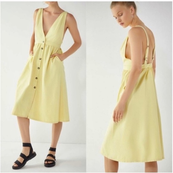 UO Danny Yellow Plunging Button Down Denim Midi Dress Sleeveless Urban Outfitter - Picture 1 of 12